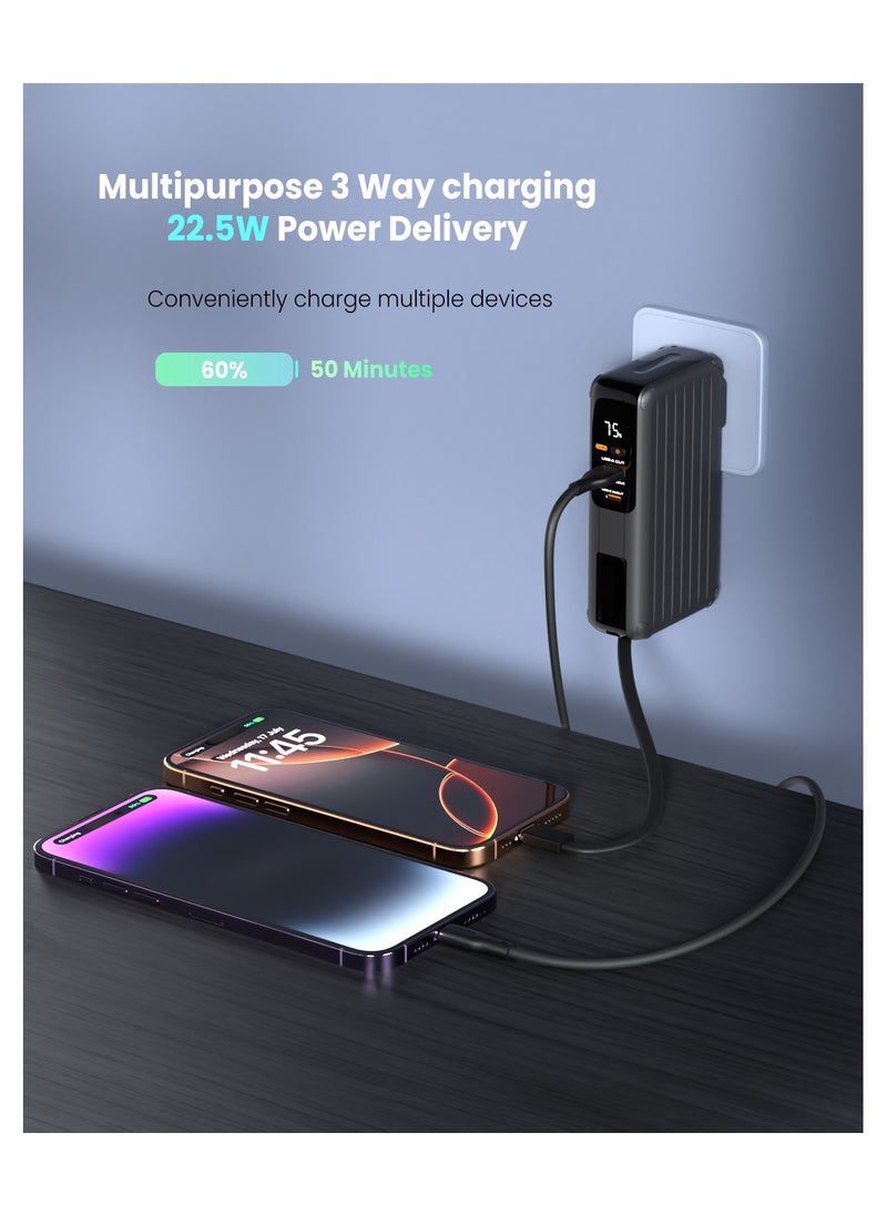 Moxedo Moxedo Porta-Go 10,000 mAh 22.5W Power Bank with Built-in Foldable Interchangeable AC Plug, USB-C Cable and Included 2 Travel Adapters (Black)  - Image 3