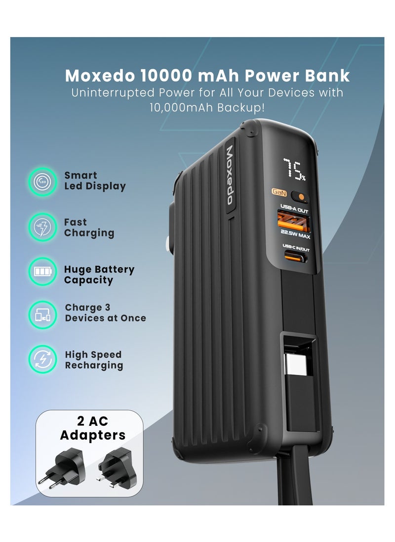 Moxedo Moxedo Porta-Go 10,000 mAh 22.5W Power Bank with Built-in Foldable Interchangeable AC Plug, USB-C Cable and Included 2 Travel Adapters (Black)  - Image 4