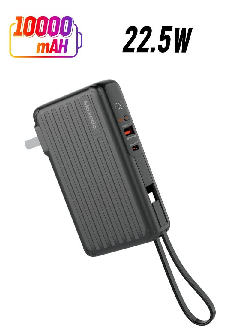Moxedo Moxedo Porta-Go 10,000 mAh 22.5W Power Bank with Built-in Foldable Interchangeable AC Plug, USB-C Cable and Included 2 Travel Adapters (Black)  - Image 1