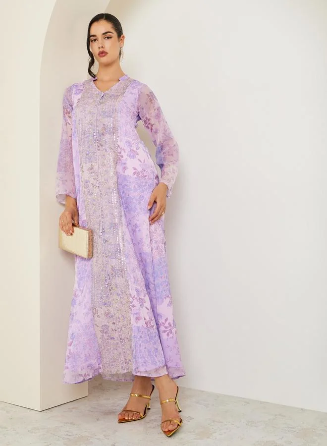 Amirah Women Lilac Floral Print Embellished Jalabiya