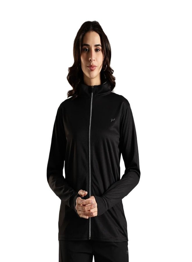 BLUE TYGA Sunscreen Standard Length Jacket Women's Travel Nylon Solid Plain Sports Summer Gym Workout Running Travel Trekking And Sunscreen Jacket For Women Nylon Winter Casual Wear, Black, Medium - Image 1