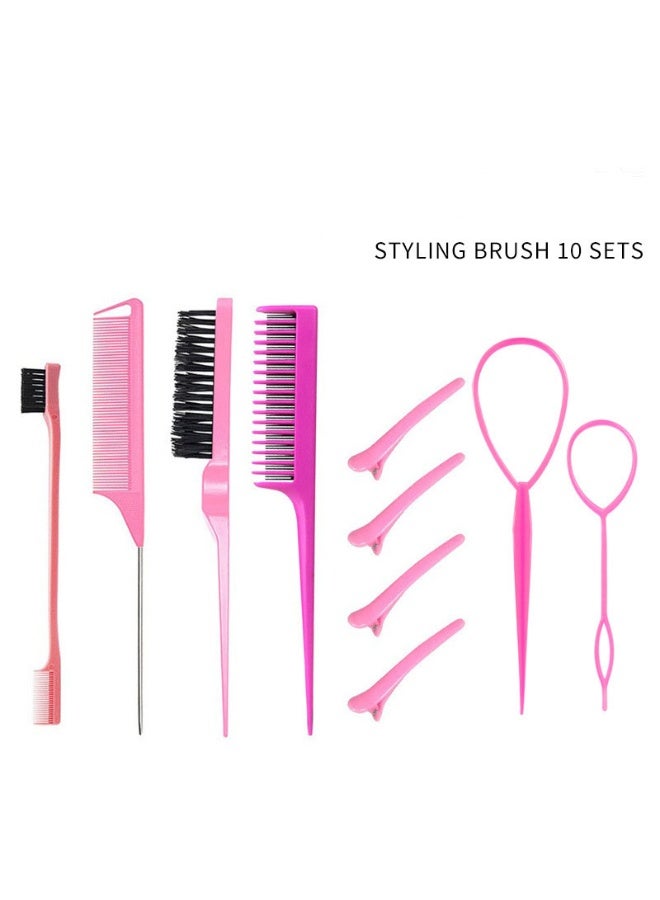 Layali 10 Pieces Hair Styling Comb Set, Teasing Hair Brush, Edge Brush Hair Tail Tools, Braid Tool Loop with Hair Clips, For Women Girls Kids Hair Stylists Braiding Backcombing (Pink) - Image 2