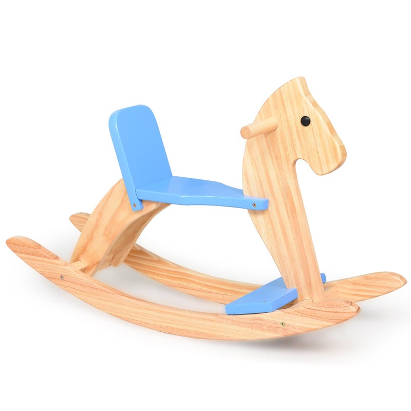 KRAND Wooden Rocking Horse Baby Ride On Toy for Toddler Rocking Horse Classic Design with Pedal and Safe backrest for Toddlers Blue