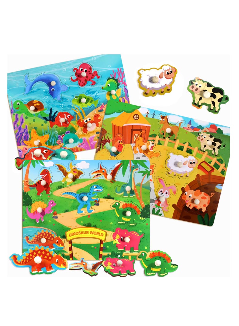 SYOSI Wooden Puzzles for Toddlers Kids Educational Peg Puzzles Toy Great Gift for Girls and Boys Toddler Puzzles Set Motor Skill Early Learning Gift Dinosaur Animals and Ocean 3 Pcs - Image 1