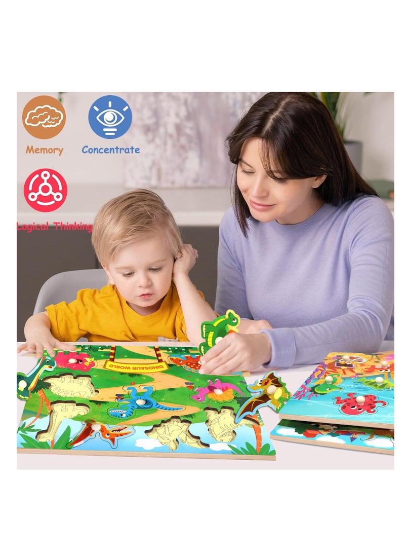 SYOSI Wooden Puzzles for Toddlers Kids Educational Peg Puzzles Toy Great Gift for Girls and Boys Toddler Puzzles Set Motor Skill Early Learning Gift Dinosaur Animals and Ocean 3 Pcs - Image 2
