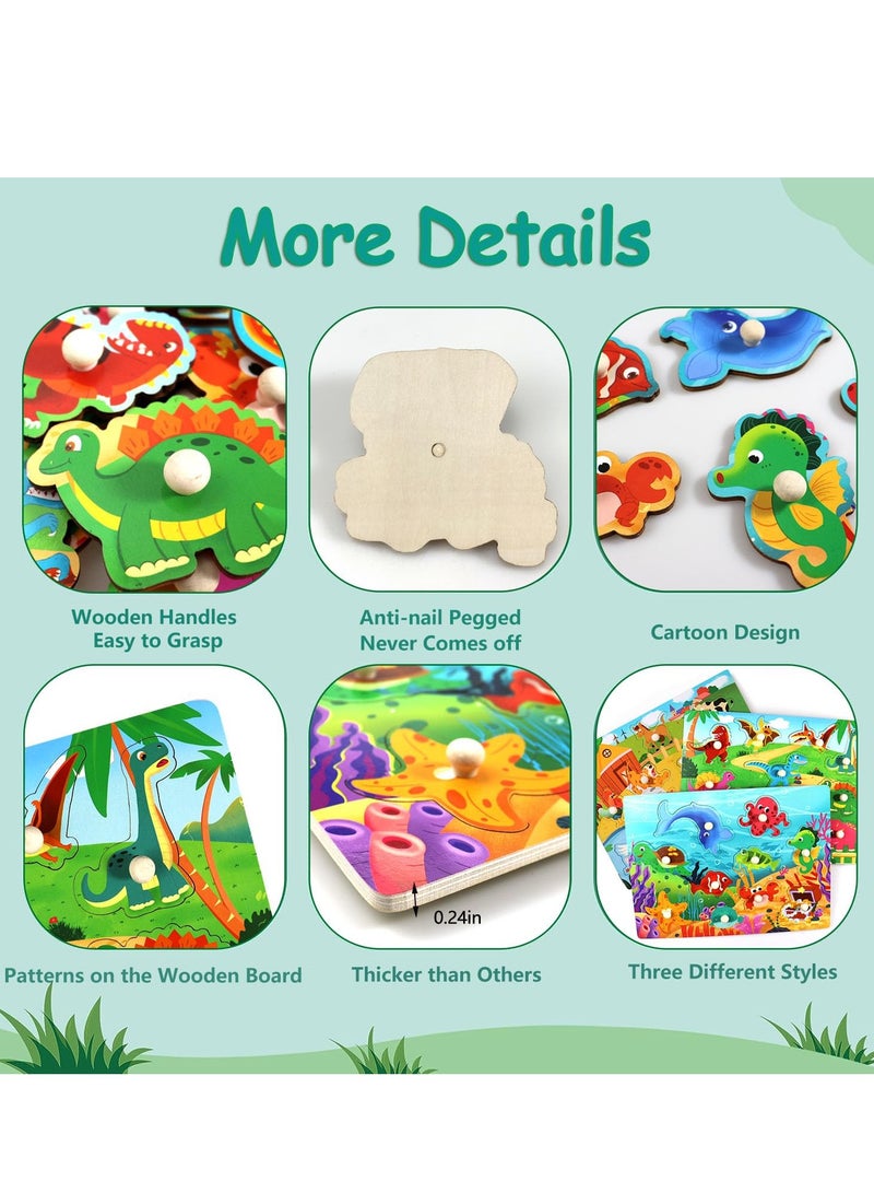 SYOSI Wooden Puzzles for Toddlers Kids Educational Peg Puzzles Toy Great Gift for Girls and Boys Toddler Puzzles Set Motor Skill Early Learning Gift Dinosaur Animals and Ocean 3 Pcs - Image 5