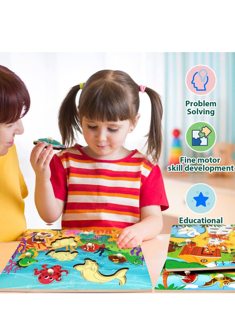 SYOSI Wooden Puzzles for Toddlers Kids Educational Peg Puzzles Toy Great Gift for Girls and Boys Toddler Puzzles Set Motor Skill Early Learning Gift Dinosaur Animals and Ocean 3 Pcs - Image 3