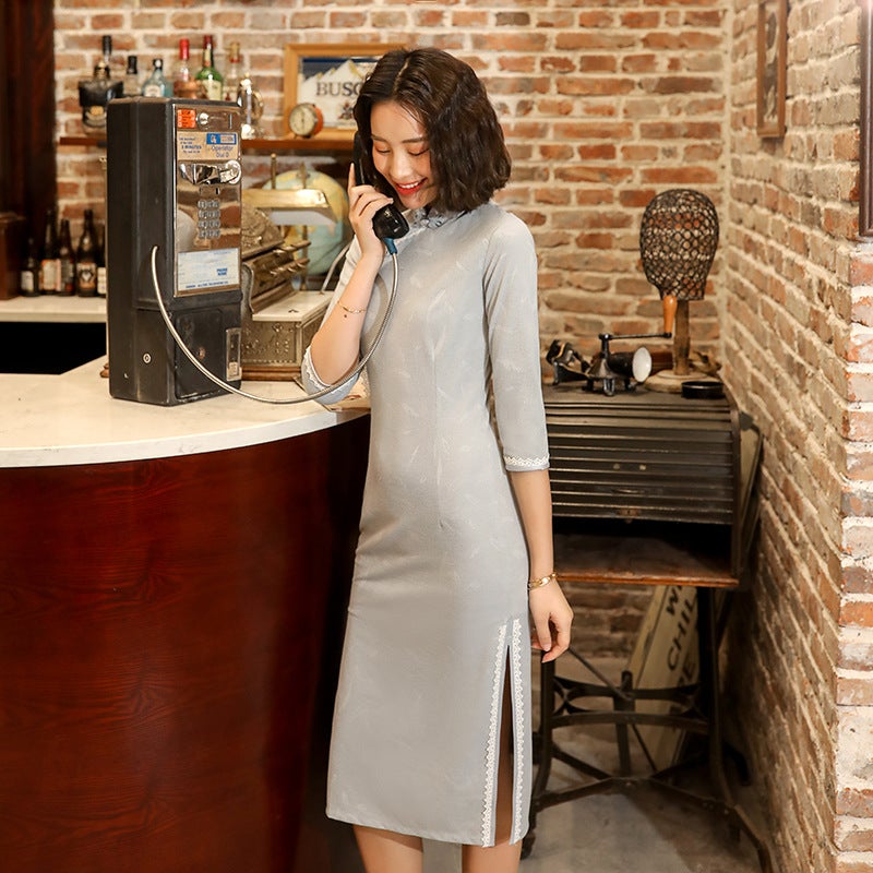 Factory wholesale knitted jacquard 2020 Autumn and Winter new young fashion elegant beautiful slim mid-length improved cheongsam - Image 4