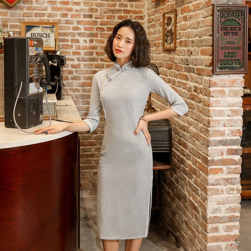 Factory wholesale knitted jacquard 2020 Autumn and Winter new young fashion elegant beautiful slim mid-length improved cheongsam - Image 1