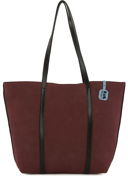 باجموري Large Nubuck Bag with Leather Strap - Maroon