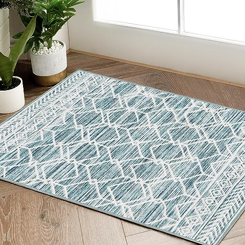 jinchan Washable Boho Area Rug 2x3 Entryway Moroccan Rug LowPile Geometric Rug Stain Resistant NonSlip UltraThin Carpet for Kitchen Bedroom Farmhouse Bathroom Doorway Teal Blue