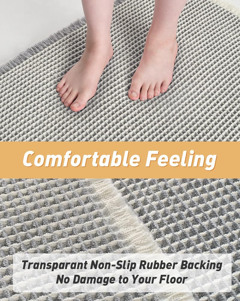 AMOAMI Upgraded Waffle Runner Rug Super Absorbent Non Slip Bath Mats for Bathroom Machine Washable Bathroom Runner Rug with Tassels, Ideal for Hallway Bedroom Laundry Room, 2' x 6', LightGrey & Cream - Image 3