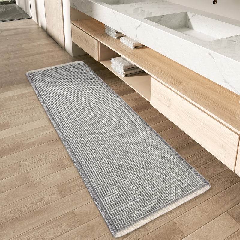 AMOAMI Upgraded Waffle Runner Rug Super Absorbent Non Slip Bath Mats for Bathroom Machine Washable Bathroom Runner Rug with Tassels, Ideal for Hallway Bedroom Laundry Room, 2' x 6', LightGrey & Cream - Image 1