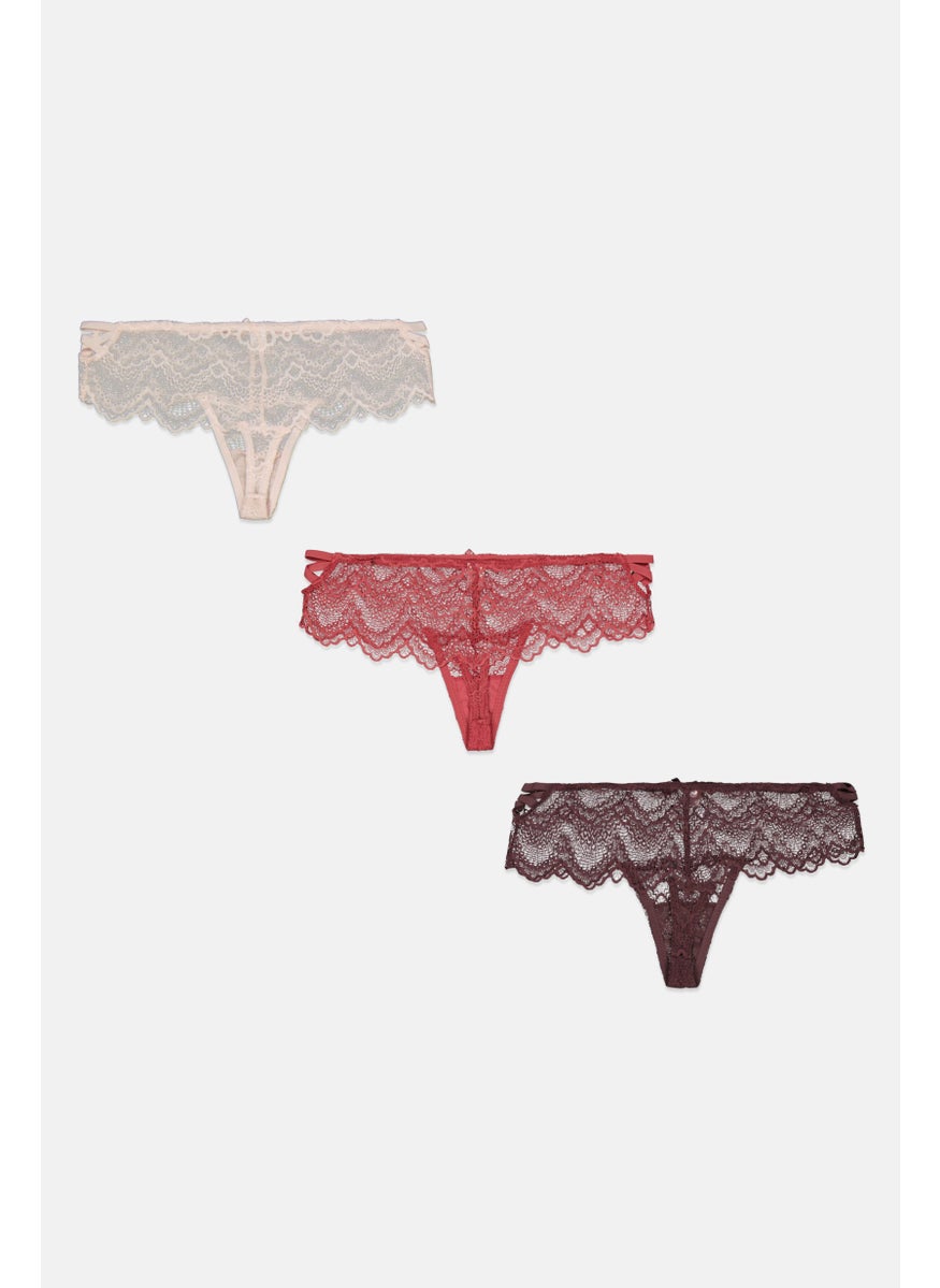 French Affair Women 3 Pieces Textured Thong, Pale Red  - Image 2