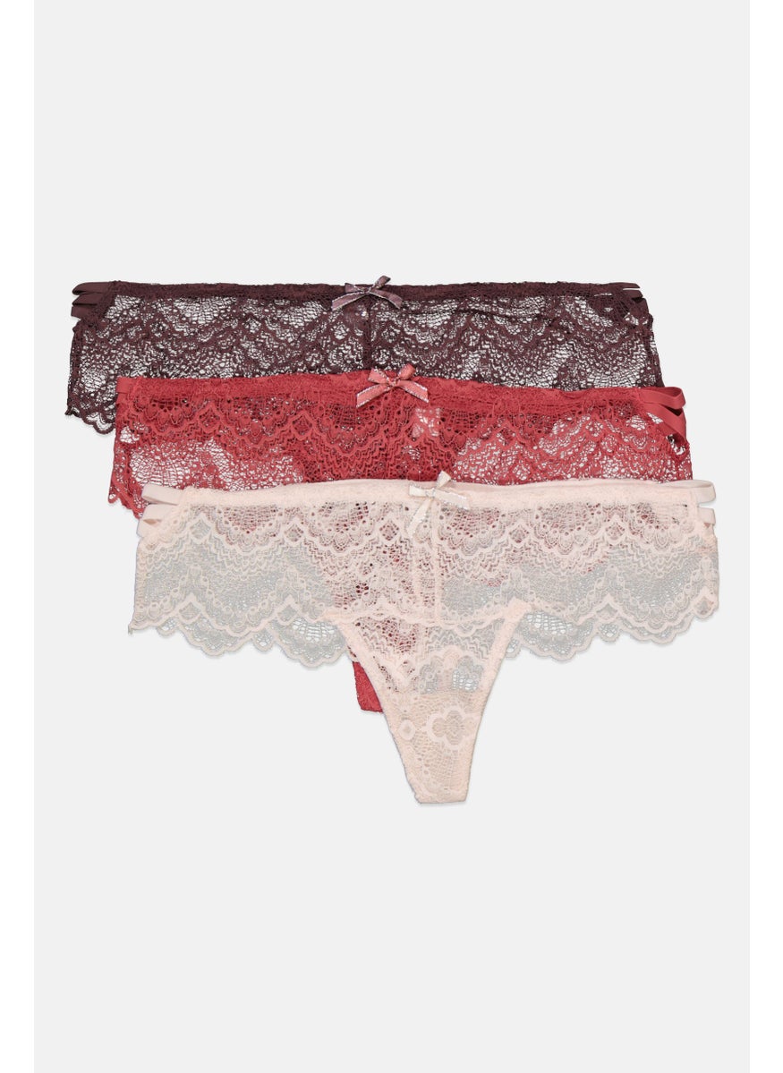 French Affair Women 3 Pieces Textured Thong, Pale Red  - Image 3