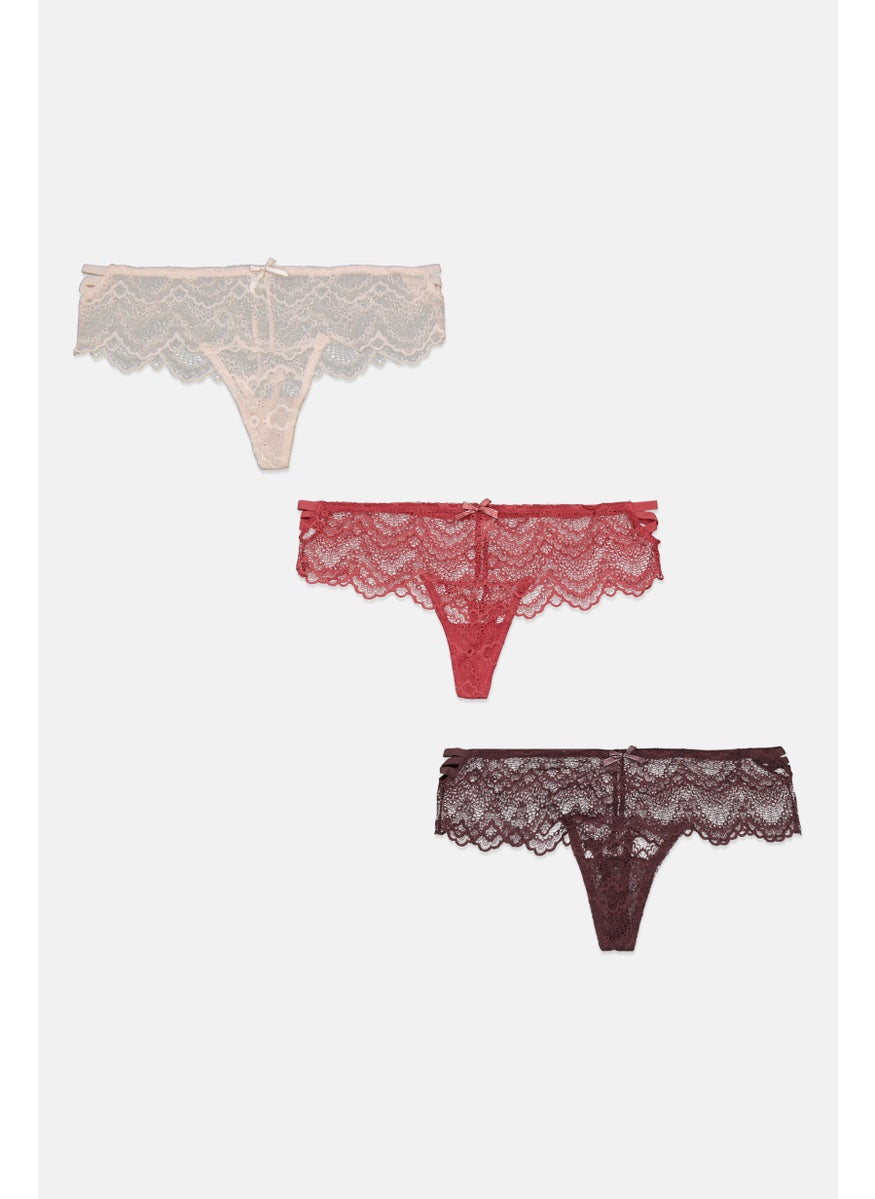 French Affair Women 3 Pieces Textured Thong, Pale Red  - Image 1