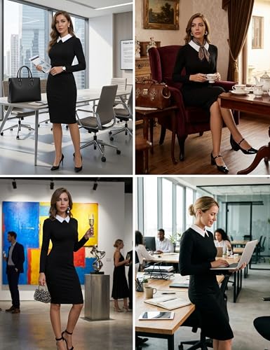 Aphratti Women's Long Sleeve Peter Pan Collar Sheath Dress Funeral Business Office Wear to Work Professional Outfits Black01 Medium - Image 4