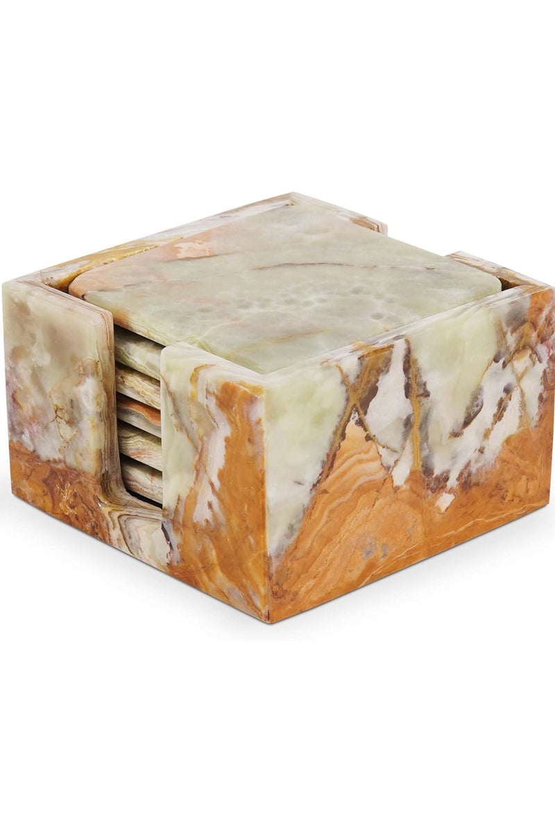 RADICALn Set of 6 Green Onyx Square Marble Drink Coasters with Holder | Handmade Table & Home Décor - Image 1