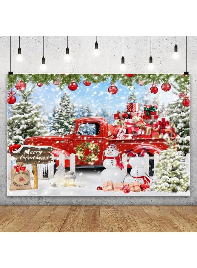 Leowefowa 10x8ft Christmas Red Truck Backdrop Winter Snowman Forest Background Merry Christmas Red Truck Xmas Tree Gift Baby Festival Holiday Family Decor Party Banner Photo Supplies Prop - Image 1