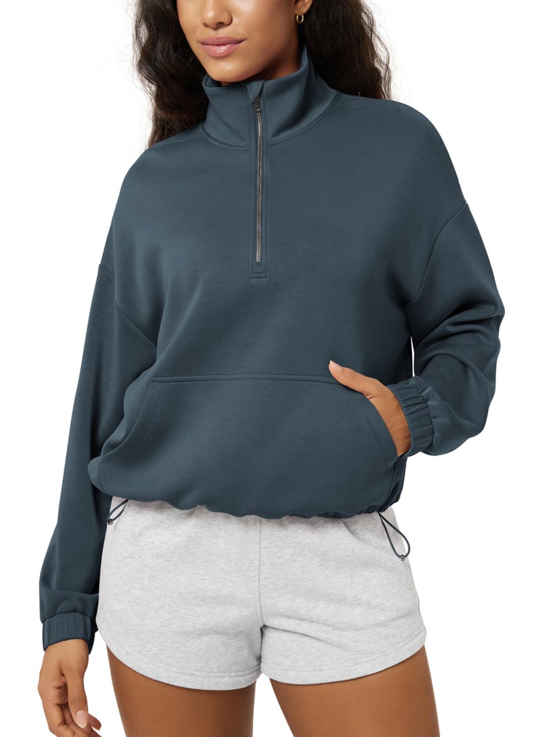 ODODOS Women's Modal Soft Cinchable Sweatshirts Half Zipper Funnel Neck Oversize Pullover with Pockets, Navy, Medium - Image 1