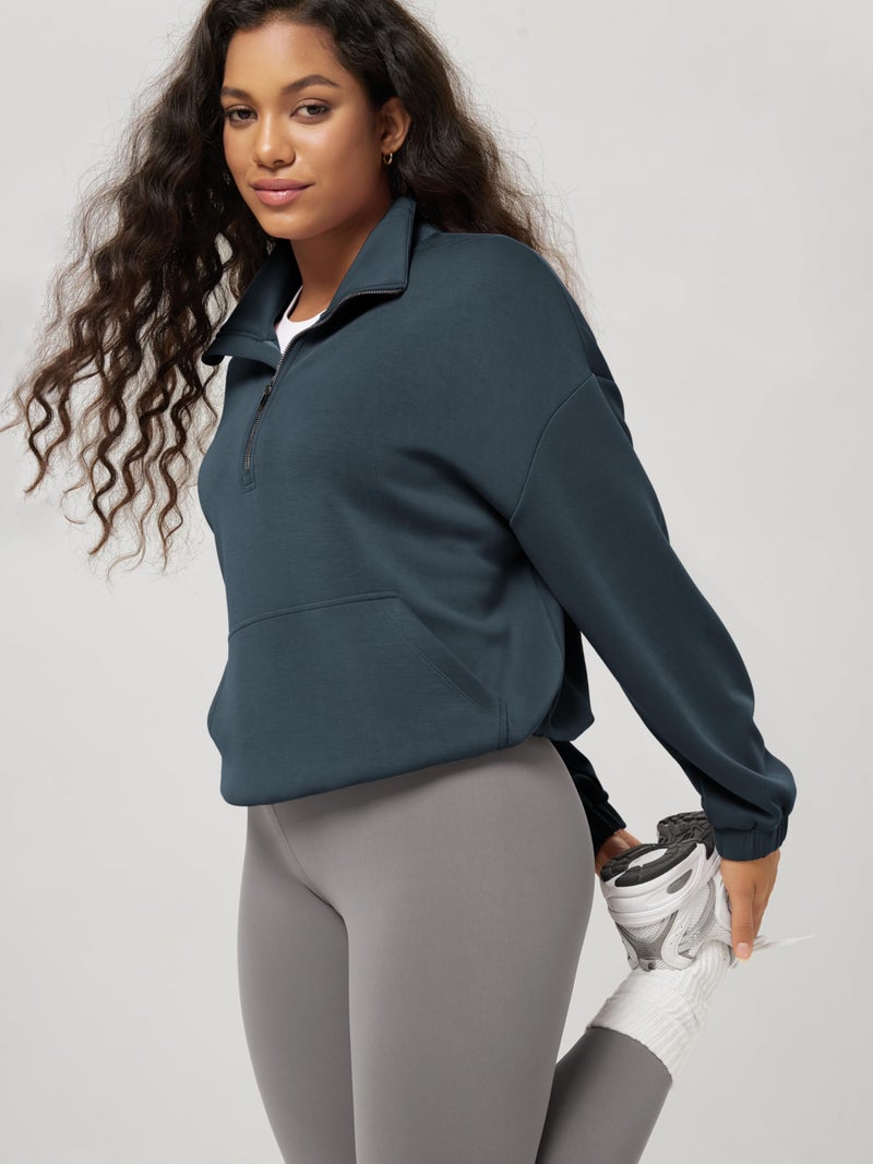 ODODOS Women's Modal Soft Cinchable Sweatshirts Half Zipper Funnel Neck Oversize Pullover with Pockets, Navy, Medium - Image 2