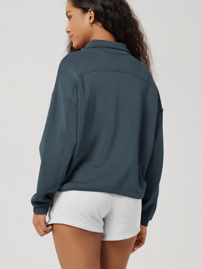 ODODOS Women's Modal Soft Cinchable Sweatshirts Half Zipper Funnel Neck Oversize Pullover with Pockets, Navy, Medium - Image 3