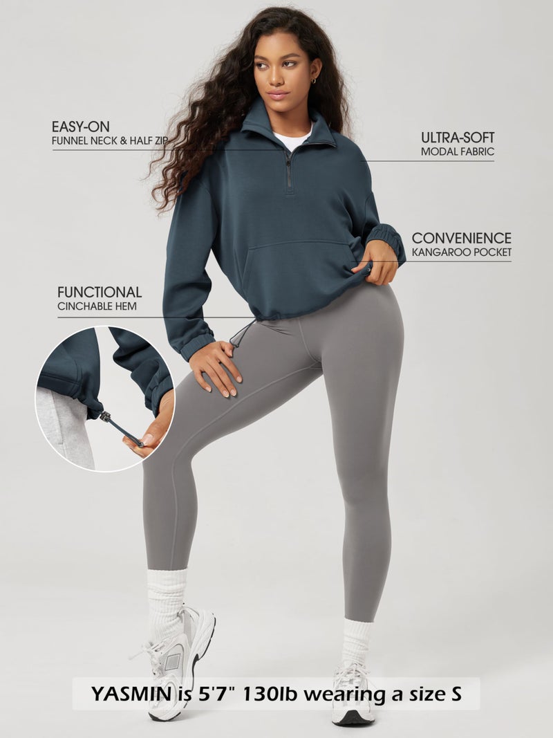 ODODOS Women's Modal Soft Cinchable Sweatshirts Half Zipper Funnel Neck Oversize Pullover with Pockets, Navy, Medium - Image 4