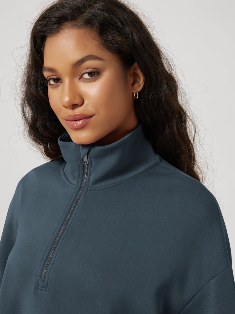 ODODOS Women's Modal Soft Cinchable Sweatshirts Half Zipper Funnel Neck Oversize Pullover with Pockets, Navy, Medium - Image 5
