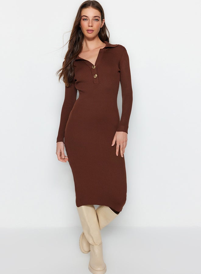 trendyol Brown Midi Polo Neck Knit Dress - Image 3