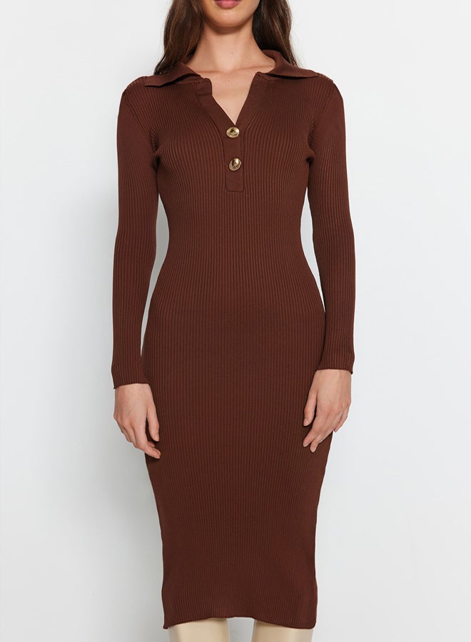 trendyol Brown Midi Polo Neck Knit Dress - Image 4