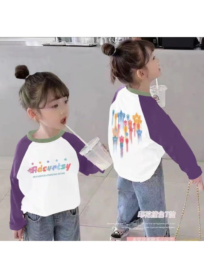 Girl's Patchwork T-shirt Long Sleeve Spring/autumn Style New Girls' Base Shirt Stylish Autumn Clothing Medium/large/extra Large Kids' Top