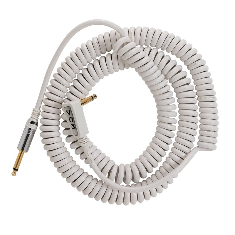 Vox VCC090WH Vintage Coiled Guitar Cable - 29.5ft, Straight to Right Angle, 1/4" TS Male, White - Image 1