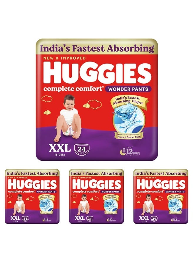 Huggies Complete Comfort Wonder Pants | Pant Style Baby Diapers XXL Size, 24 Count | India's Fastest Absorbing Diaper, Patented Dry Xpert Channel, Ideal for 15 to 25 Kgs (Pack of 4) - Image 1