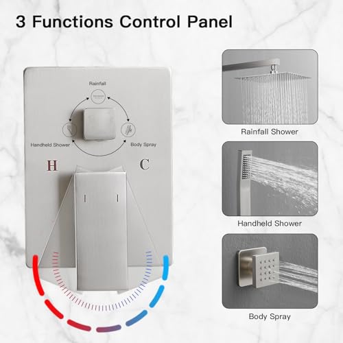 BWE نظام دش بوي مع طلاء نيكل مصقول مع نفاثات جسم، رأس دش مطري 10 بوصة، مع 6 نفاثات رش جسم ودش محمول، مجموعة صنبور دش مثبتة على الحائط، صمام خلط مدمج وتقليم متضمن - Image 2