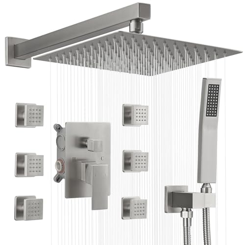 BWE نظام دش بوي مع طلاء نيكل مصقول مع نفاثات جسم، رأس دش مطري 10 بوصة، مع 6 نفاثات رش جسم ودش محمول، مجموعة صنبور دش مثبتة على الحائط، صمام خلط مدمج وتقليم متضمن - Image 1