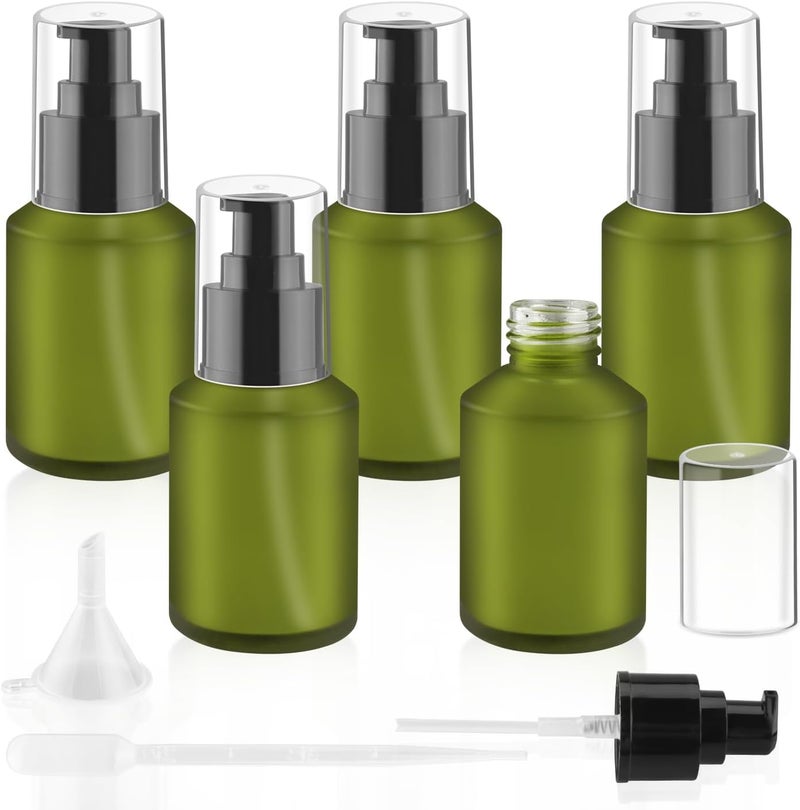 5 Pieces 60ml/2oz Empty Green Glass Lotion Pump Bottles,Refillable Essential Oil Jars with 1 Funnel and 1 Pipette,Cosmetic Sample Containers for Foundation,Cream,Gel,Shampoo