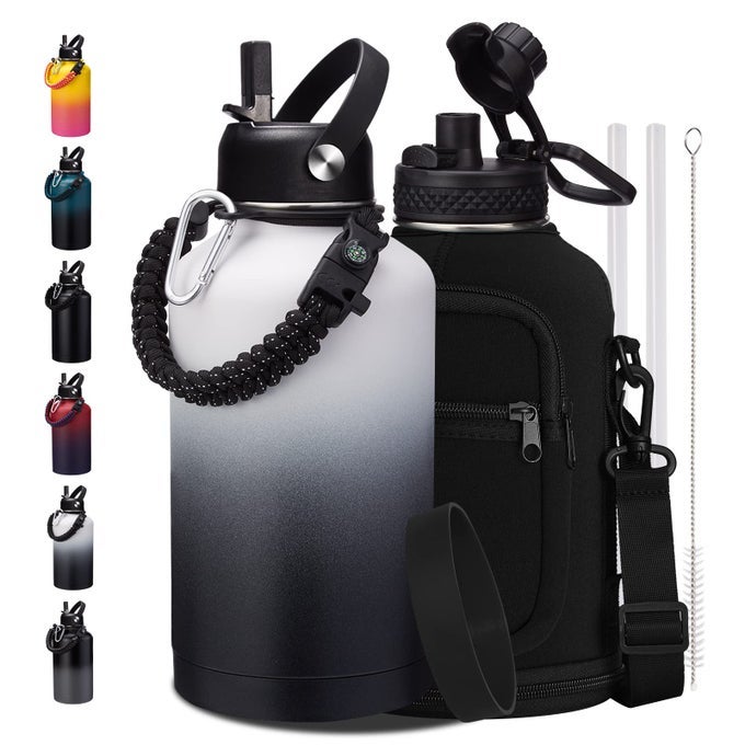 HALF GALLON WATERBOTTLE WITH STRAW 64OZ VACUUM INSULATED WATER BOTTLES WITH PARACORD HANDLE STRAW SPOUT LIDS WATER BOTTLE CARRIER HOLDER PROTECTIVE CUP MAT 2 LITER STAINLESS STEEL WATER JUG