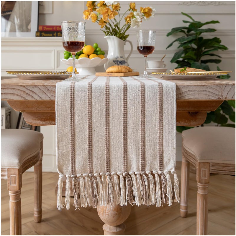 Caflife Boho Table Runner 72 Inchs Long Taupe and Beige, Cotton and Linen Woven with Tassels, for Modern Rustic Farmhouse Neutral Table Runners, Bohemian Kitchen Dining Table Home Decor - Image 1