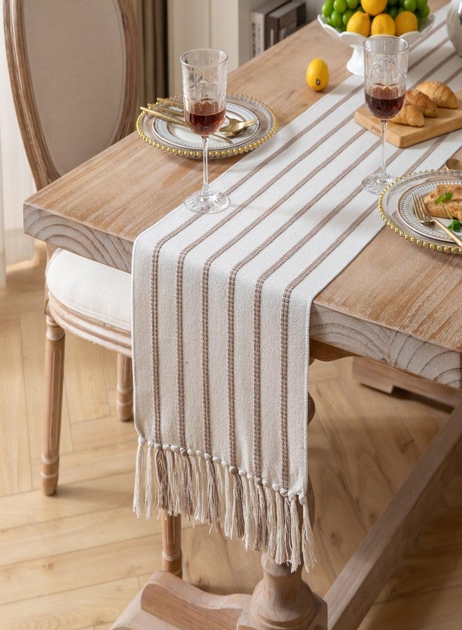 Caflife Boho Table Runner 72 Inchs Long Taupe and Beige, Cotton and Linen Woven with Tassels, for Modern Rustic Farmhouse Neutral Table Runners, Bohemian Kitchen Dining Table Home Decor - Image 2