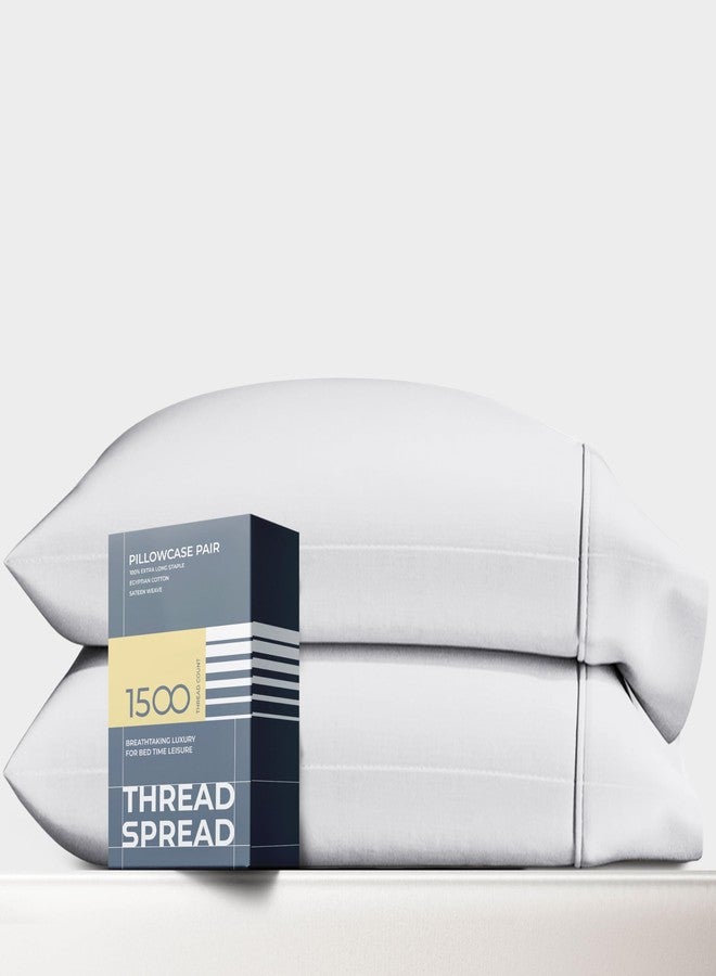 THREAD SPREAD أغطية وسائد قطنية مصرية 100% من ثريد سبريد، مقاس قياسي/كوين، طقم من قطعتين - أغطية وسائد فاخرة من الساتان الأبيض بعدد 1500 خيط، أغطية وسائد قطنية ناعمة كالحرير تناسب الوسائد القياسية والكوين. - Image 1