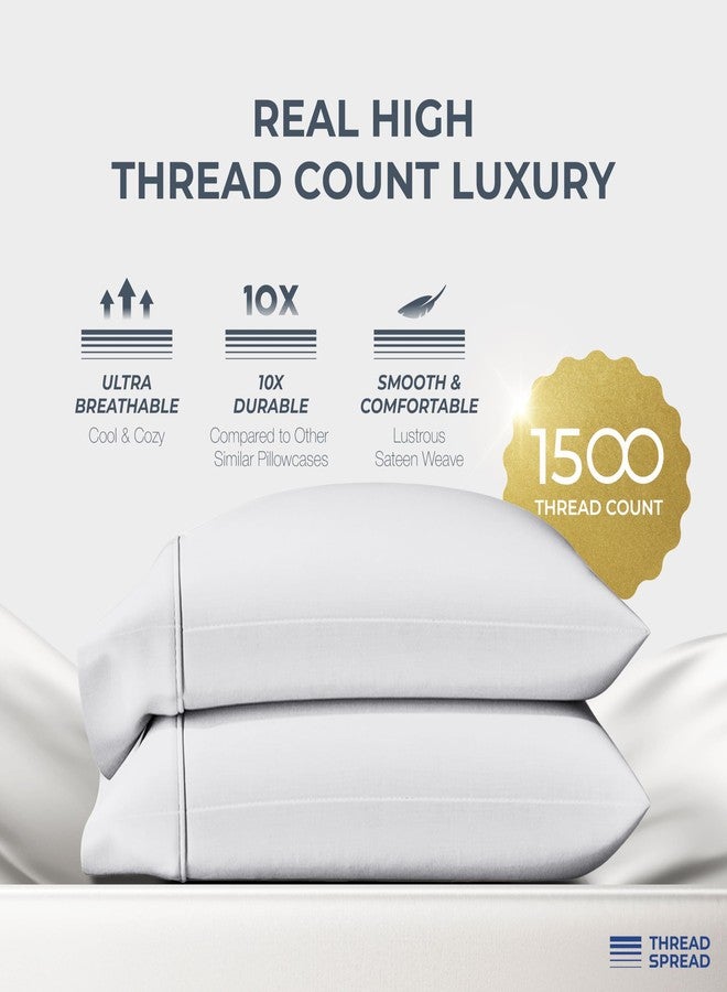 THREAD SPREAD أغطية وسائد قطنية مصرية 100% من ثريد سبريد، مقاس قياسي/كوين، طقم من قطعتين - أغطية وسائد فاخرة من الساتان الأبيض بعدد 1500 خيط، أغطية وسائد قطنية ناعمة كالحرير تناسب الوسائد القياسية والكوين. - Image 2