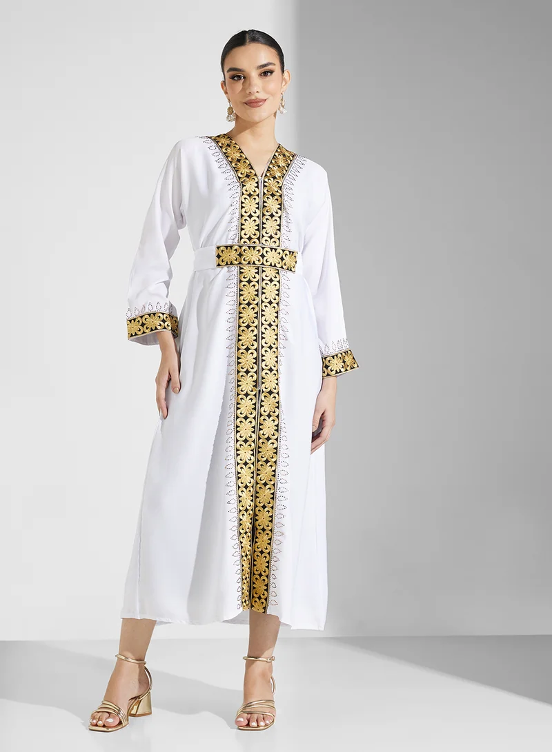 ARABIAN CLOSET Embroidered Open Abaya Wih Belt