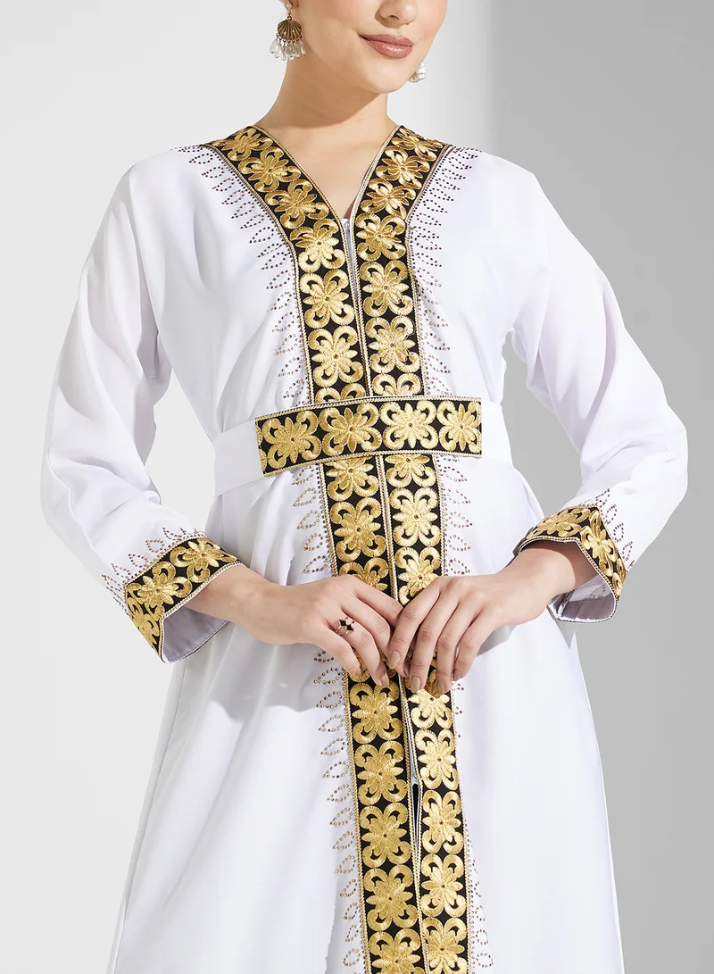 ARABIAN CLOSET Embroidered Open Abaya Wih Belt