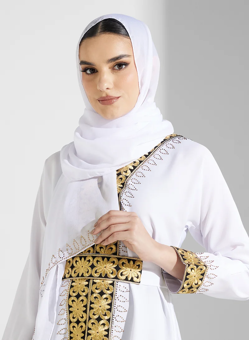 ARABIAN CLOSET Embroidered Open Abaya Wih Belt