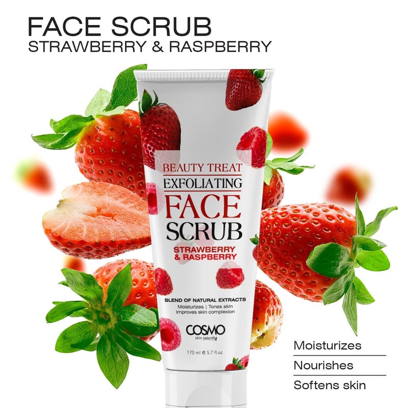 COSMO Strawberry & Raspberry Face Scrub, Exfoliating Natural Facial Scrub with Berry Extracts, Deep Cleansing & Hydrating Formula for Smooth, Glowing Skin Gentle Exfoliant for All Skin Types, 170 ml - Image 2