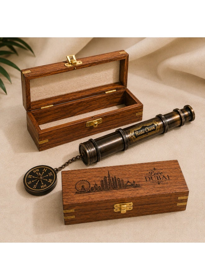 Rustic Charm Vintage Brass Telescope in Wooden Box Souvenir - Image 3