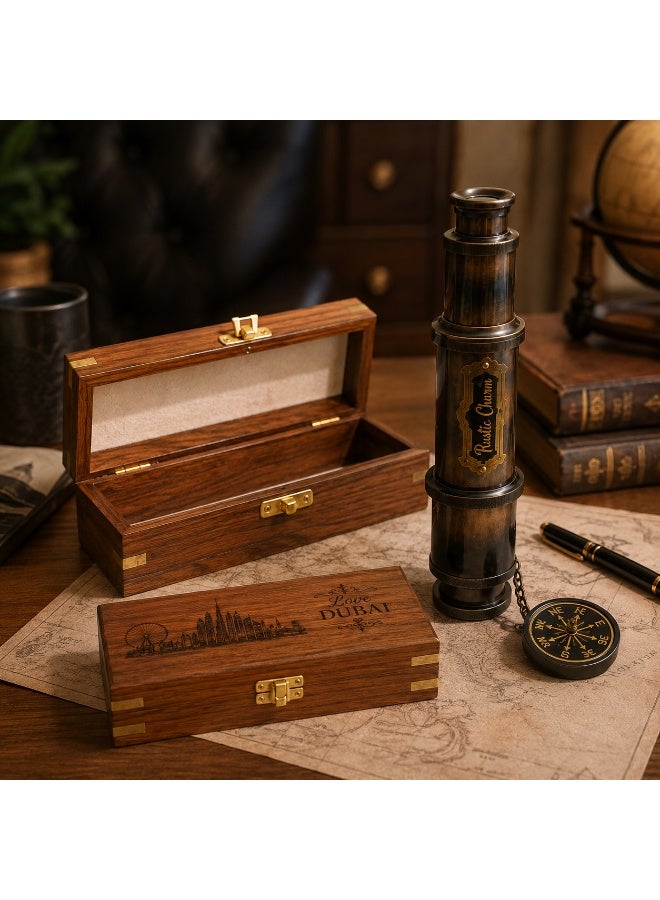 Rustic Charm Vintage Brass Telescope in Wooden Box Souvenir - Image 2