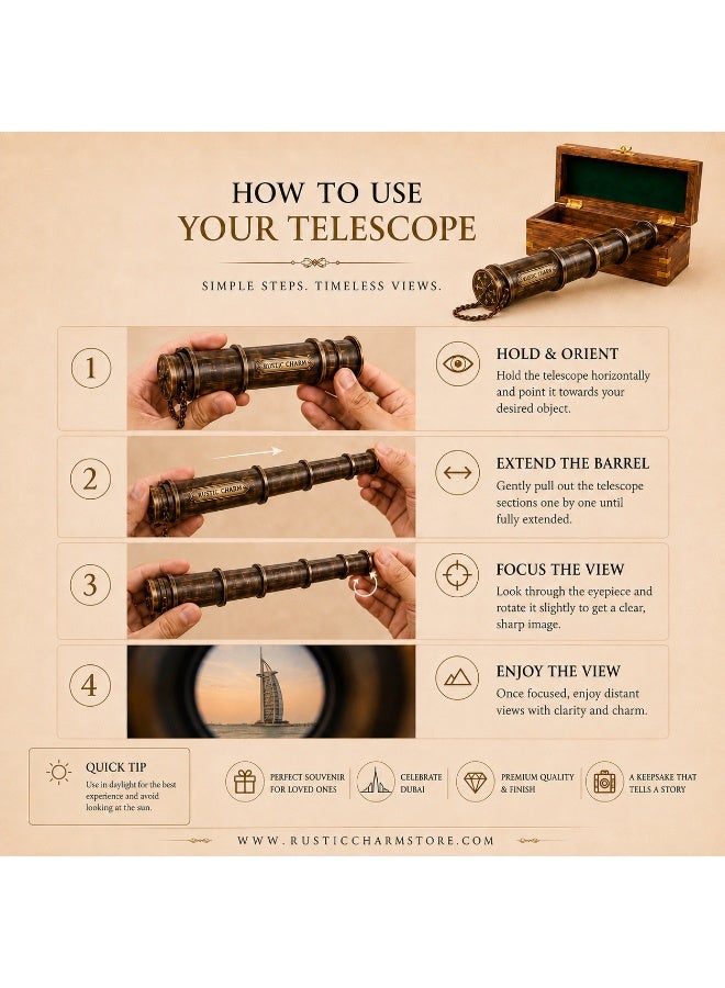 Rustic Charm Vintage Brass Telescope in Wooden Box Souvenir - Image 4