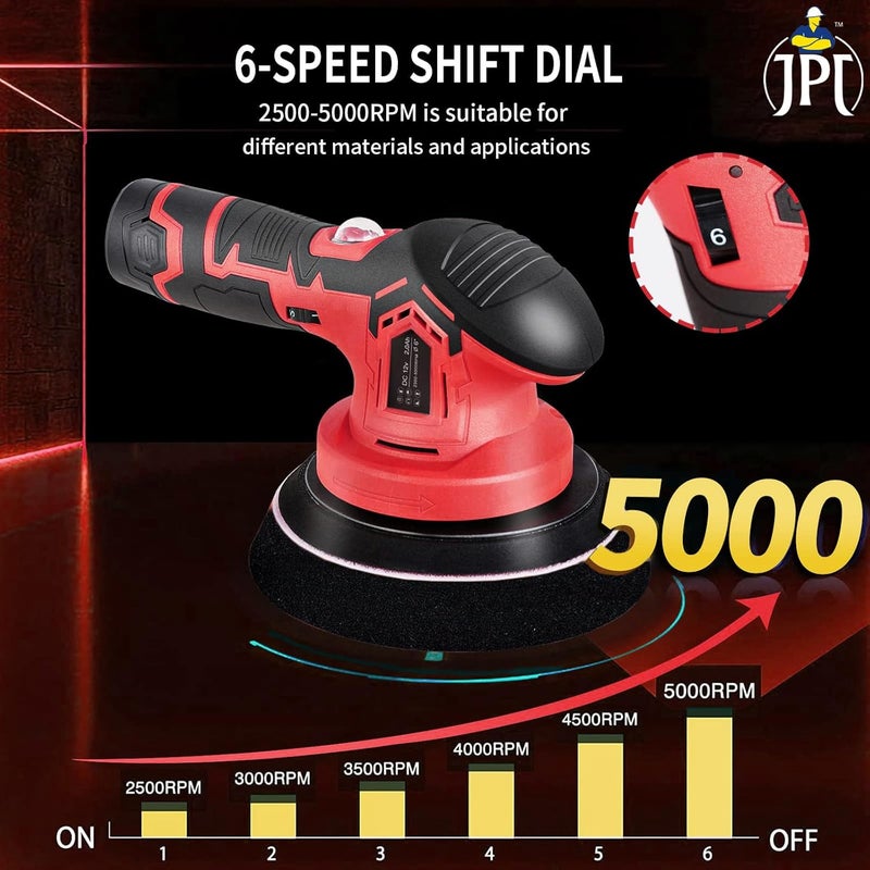 JPT Heavy Duty Cordless 12V Car Polishing Machine | 6" Pad | 5000 RPM | 6 Variable Speed | 3 Pads | 2X Battery | Fast Charger - Image 4