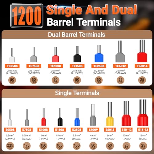 Preciva Ferrule Crimping Tool Kit, Preciva Upgrade Double & Single Ferrules Connectors, Hexagonal Ratchet Jaw Wire Crimping Pliers AWG 28-5 with 1200PCS Terminal Connector Sleeves - Image 4